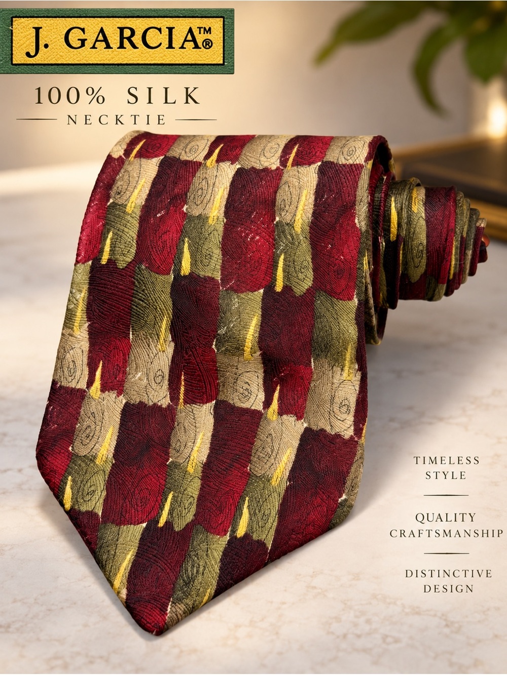 J. Garcia Burgundy, Olive & Gold Silk Necktie